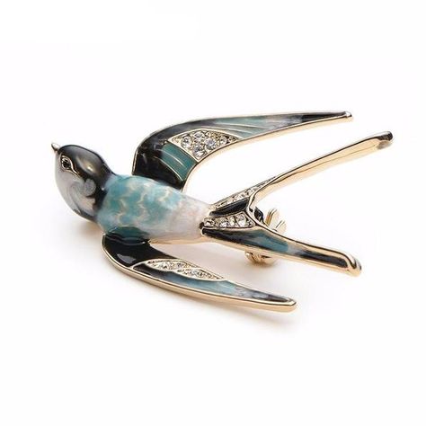 This retro-inspired swallow brooch is accented with enamel and rhinestones. Alloy metal. Size 3 by 4.8 cm Bee Brooch, Scarf Pin, Animal Brooch, Christmas Accessories, Leaf Jewelry, Enamel Brooch, Jewelry Images, Pearl Brooch, Pin Jewelry