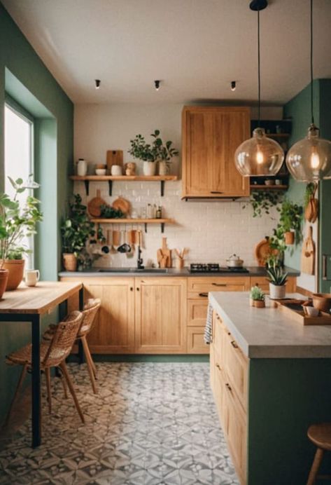 Model Dapur, Kabinet Dapur, Brown Cabinets, Brown Kitchens, Kitchen Inspiration Design, Green Kitchen, Kitchen Style, Home Decor Kitchen, Dream Kitchen