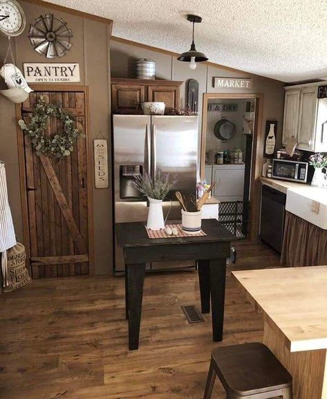 Mobile Home Redo, Mobile Home Kitchen, Mobile Home Makeovers, Mobile Home Renovations, Manufactured Home Remodel, Farmhouse Pantry, Primitive Home Decor, Cheap Ideas, Mobile Home Decorating