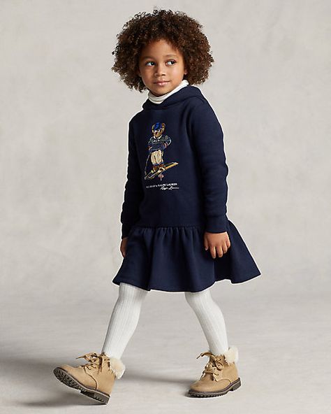 Polo Bear Fleece Hoodie Dress | Ralph Lauren UK Varsity Dress, Polo Bear Ralph Lauren, Ralph Lauren Denim Shirt, Red Dress Sleeves, Fall Basics, Ralph Lauren Baby Girl, Long Sleeve Ruffle Dress, Uniform Ideas, Girl Red Dress