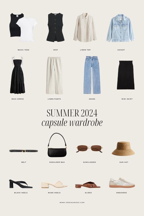 Summer 2024 capsule wardrobe with classic clothing pieces to wear all season long, plus 5 staples and 20 outfit ideas. Miss Fernandez Capsule, Vacation Capsule Wardrobe 2024, Summer 2024 Capsule Wardrobe, College Capsule Wardrobe 2024, Capsule Wardrobe Italy Summer 2024, Summer Vacation Capsule Wardrobe 2024, Summer Travel Capsule Wardrobe 2024, Summer Capsule Wardrobe 2024, Elegant Capsule Wardrobe