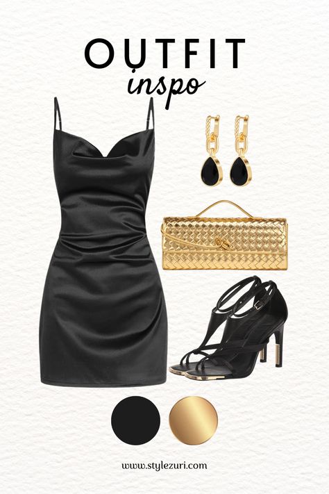 This satin mini dress is ideal for a fancy dinner date or a night out with your besties. The mix of gold and black gives off an effortlessly chic vibe. Perfect for when you want to look stunning but not like you’re trying too hard. #SatinDress #DinnerDateOutfit #NightOutLook #ChicStyle #DressToImpress #EffortlessFashion #GoldAndBlack Black Dinner Date Outfit, Fancy Dinner Date Outfit, Fancy Dinner Date, Dress For Dinner, Dinner Date Outfit, Dinner Date Outfits, Black Dinner, Dinner Dates, Date Outfit