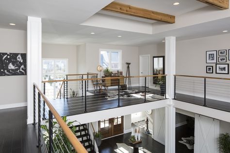 Open spacE: Second floor overlooking the living room #home #homedesign #floordesign #flooplan #wideopen #hallway Second Floor Foyer Ideas, Open Second Floor Balcony, Second Floor Living Room Loft, Interior Balcony Open Floor, Open Second Floor Loft, Loft Second Floor, 2nd Floor Overlooking Living Room, Stairs In Open Floor Plan, Second Floor Design Ideas