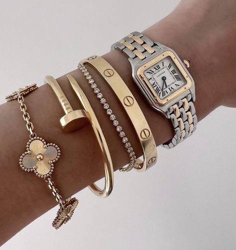 Silver Watch Gold Jewelry, Swavorski Bracelet Aesthetic, Van Cleef Bracelet Stack, Designer Bracelet Stack, Silver And Gold Watch, Stylish Jewelry Accessories, Xoxo Jewelry, Expensive Jewelry Luxury, Wrist Jewelry