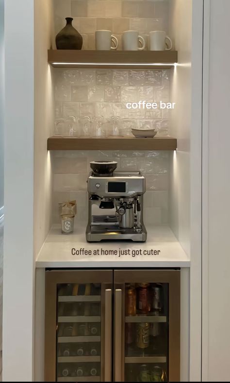 Tea Coffee Cupboard, Coffee Kitchen Station, Breakfast Bar Coffee Station, Pantry Beverage Station, Kitchen Extra Space Ideas, Optics Bar Ideas, Home Library With Coffee Bar, Wall Niche Coffee Bar, Home Coffee Station Aesthetic