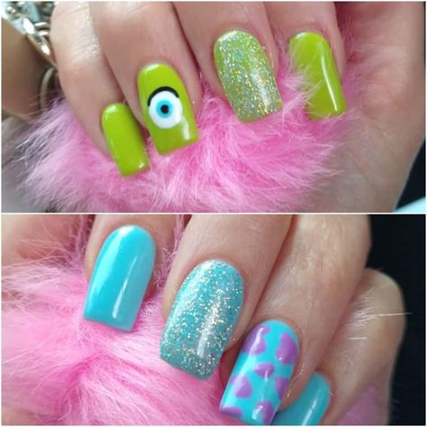 Bluey Cartoon Nail Art, Monster Inc Nails Design, Sully Nails, Inside Out Nails Disney, Encanto Nails Designs, Disney Pixar Nails, Pixar Nail Designs, Cartoon Nails Disney, Monster University Nails