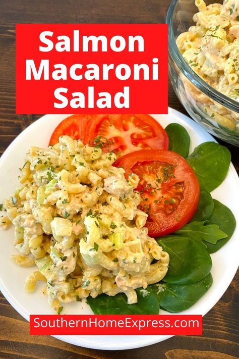 This easy and refreshing salmon macaroni salad is a delicious meal that can stand alone. Or serve it with soup, a sandwich, bread or crackers. Salmon Macaroni Salad, Pizza Seafood, Vegetables Pizza, Best Potluck Dishes, Seafood Salads, Pasta Salad Salmon, Macaroni Salad Ingredients, Side Dishes For Salmon, Canned Salmon Recipes