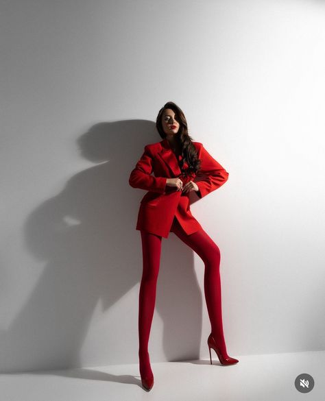 Suit Poses For Women, Valentine Fashion Editorial, Red Background Fashion Editorial, Red Heels Christmas Outfit, Red Gloves Photoshoot, Platform Heels With Tights, High Fashion Poses Editorial, Red On Red Photoshoot, Photoshoot Suit Woman