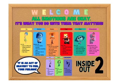 Inside out 2 emotions display board  Involves coping strategies to manage the different emotions  Digital download only - A4 size PDF file For a large scale edition (each character on their own page) please see this listing - https://www.etsy.com/uk/listing/1766714264/inside-out-2-emotions-display-board?ref=listings_manager_table Emotion Control Bulletin Board, Inside Out 2 Bulletin Board, Inside Out Decorations, Inside Out Bulletin Board, Inside Out Poster, School Counselor Bulletin Boards, Afterschool Program, School Display, Inside Out Emotions