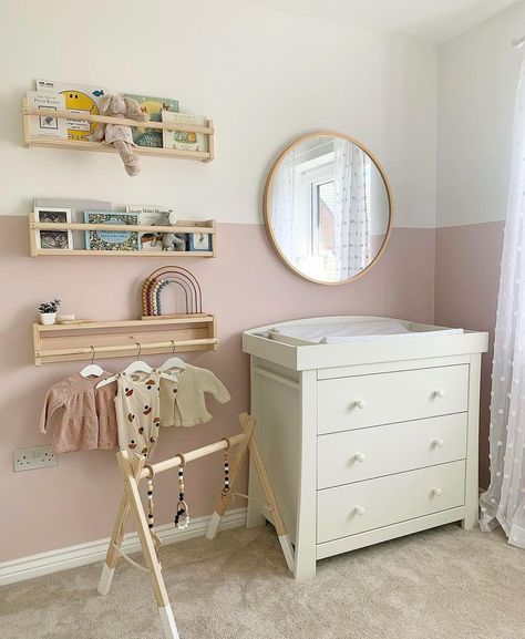 Half Painted Pink Wall, Rose Pink Nursery Wall, Dado Rail Nursery Pink, Two Tone Wall Nursery, Two Color Accent Wall Ideas, Nursery Dado Rail, Half Wall Nursery Ideas, Half Wall Painted Nursery, Half Nursery Half Bedroom