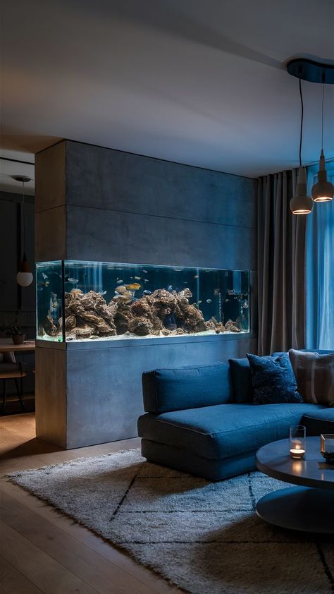 Fish Tank Room Divider, Wall Fish Tank Ideas Living Rooms, Aquarium Partition Ideas, House Aquarium Ideas, Aquarium On Wall, Aquarium In House Living Rooms, Fish Tank Interior Design, House With Aquarium, In The Wall Fish Tank