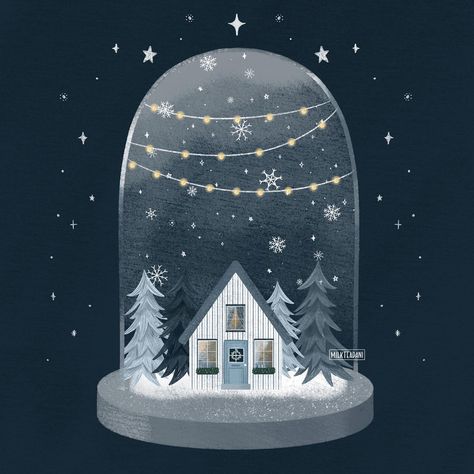 Winter Snowglobe, Picture Snow Globe, Christmas Globes, Blue Sky Clouds, Christmas Window Display, Scandi Christmas, Greeting Card Illustration, Christmas Snow Globes, Christmas Bird