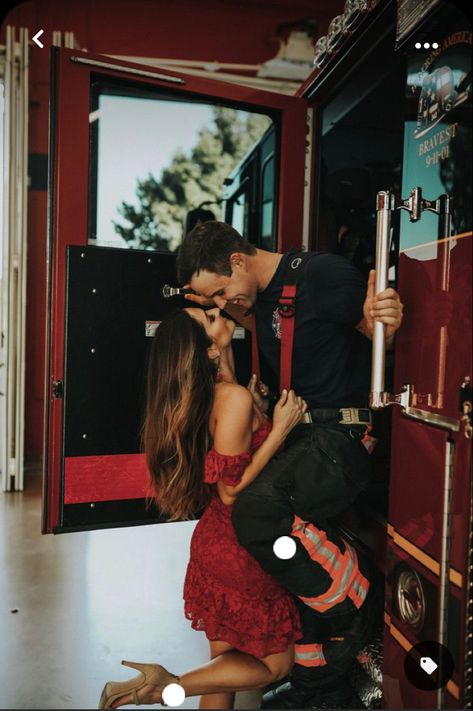 Wedding Photo Ideas Firefighter, Nurse And Firefighter Couple Photo Ideas, Fire Dept Engagement Pictures, Fireman And Nurse Engagement Pictures, Firefighter And Nurse Engagement Photos, Fireman Engagement Photos, Firefighter Romance Aesthetic, Firefighter Couple Aesthetic, Nurse Firefighter Couple