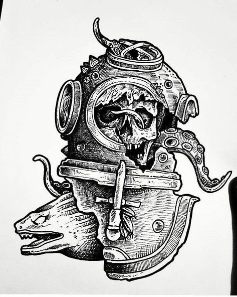 Creepy Nautical Tattoo, Old School Scuba Diver Tattoo, Deep Diver Tattoo, Old Scuba Diver Tattoo, Vintage Diver Tattoo, Undersea Tattoo, Deep Sea Diver Tattoo, Diver Tattoos, Diver Tattoo Ideas