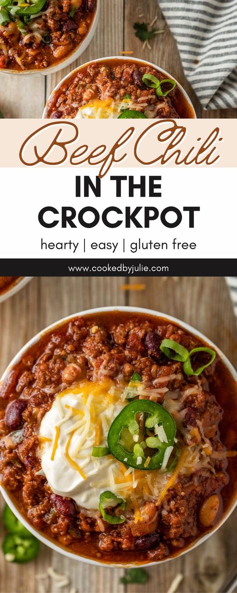 This beef chili in the crockpot is super easy to make. It's perfect for a comfy day inside, as a no-fuss dinner, or to warm you up during a cold evening. This chili is chock full of hearty ingredients like red kidney beans, ground beef, onions, and tomatoes, making it extremely satisfying. Make this toss-and-go beef chili any time you need a convenient meal. Crockpot Chili No Tomatoes, Red Kidney Bean Chili Ground Beef, Crockpot Chili No Beans, Easy Crockpot Chilli, Beef Chili Recipe Crockpot, Spicy Crockpot Chili, Chili In The Crockpot, Chili Magic, Easy Beef Chili Recipe