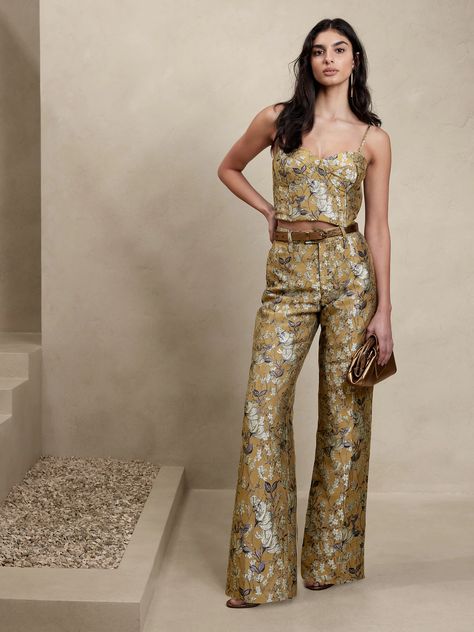 Eclat Wide-Leg Pant | Banana Republic Cocktail Party Outfit Pants, Modern Blouse Designs, Brocade Dresses, 60 Fashion, Cocktail Attire, Dress Indian Style, Beautiful Blouses, Fit N Flare Dress, Winter Fashion Outfits