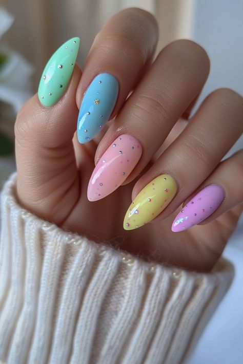 Get ready for spring with these 30+ super cute Easter nails designs! From pastel colors to bunny and egg designs, find the perfect cute look for your nails. Nail Designs Pastel, Nails Easter 2024, Easter Nails Design 2024, Easter Inspired Nails Pastel Colors, Easter Nails Multi Color, Press On Nails Easter, Pink Nail Art Designs, Oval Shaped Nails, Pastel Nails Designs