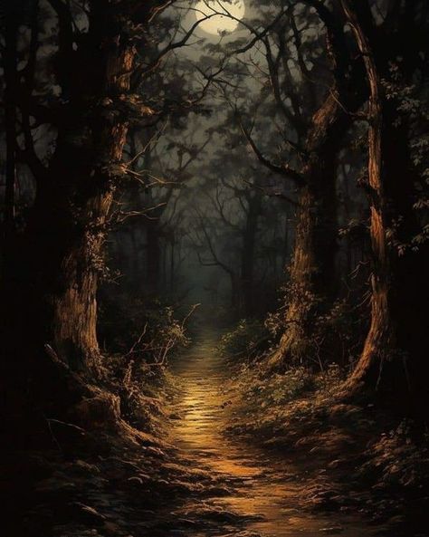 Forest At Night Aesthetic, Dark Landscape Wallpaper, Dark Forest Painting, Full Moon Background, Canvas Art Projects, Fantasy Forest, Forest Painting, Fantasy Places, Fantasy Aesthetic