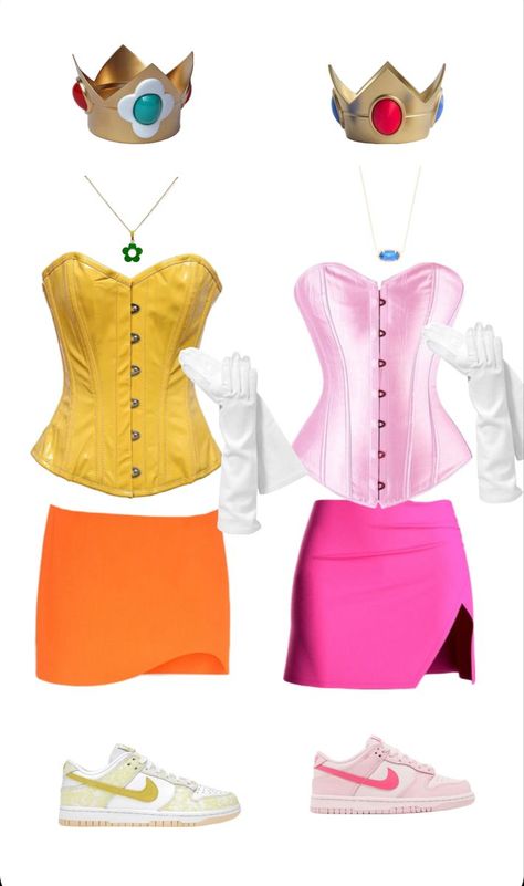 Duo Halloween Costumes Princess Peach And Daisy, Daisy And Peach Halloween Costumes, Peach And Daisy Halloween Costume, Ginger And Blonde Duo Halloween Costumes, Princess Daisy Halloween Costume, Princess Peach And Daisy Costume, Daisy Halloween Costume, Princess Peach And Daisy, Princess Peach Halloween Costume