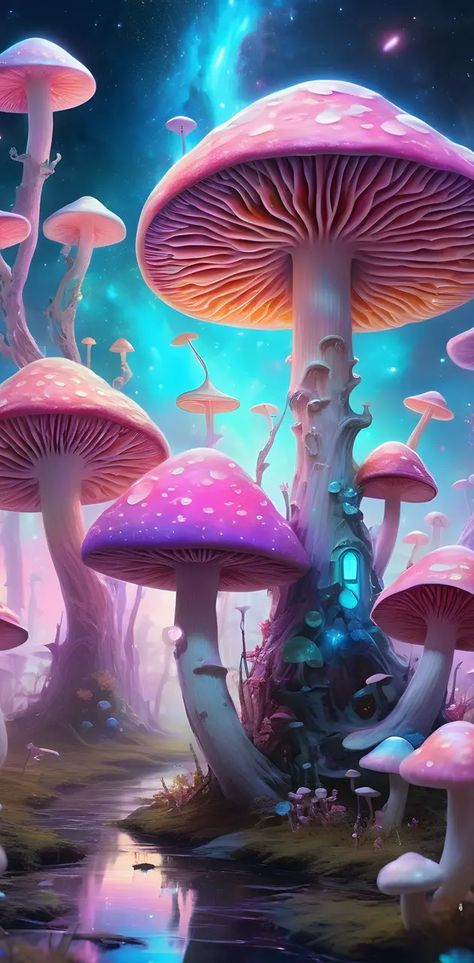 Space Fairy, Houses Wallpaper, Wild Mushroom Photography, Number Wallpaper, Mushroom Wallpaper, Mushroom Forest, Digital Art Gallery, Art Embroidery, Fairy Houses