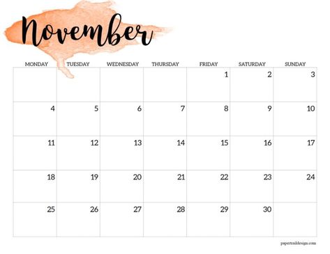 November 2024 Monday start calendar page to print for free with watercolor design Monthly Calenders, Paper Trail Design, I Love Mondays, Free Printable Calendar Templates, Cool Calendars, November Calendar, Calendar June, Bullet Journal Ideas Templates, Calendar March