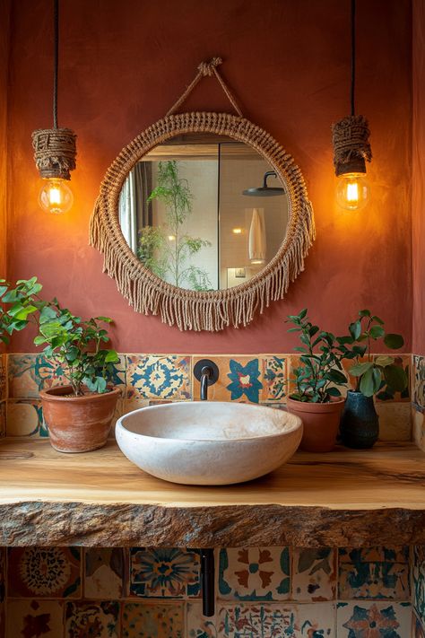 Discover the perfect blend of rustic and modern bathroom ideas. This design features a natural wood countertop, artisan tiles, and lush greenery. Ideal for creating a warm, inviting space. #BathroomDesign #InteriorInspo #HomeDecor Rustic Mexican Bathroom Ideas, Earthy Interior Design Bathroom, Southwestern Style Bathroom, Mexican Tiles Bathroom, Boho Ensuite, Mexico Bathroom Ideas, Small Mediterranean Bathroom, Desert Aesthetic Bathroom, Bathroom Ideas Earthy