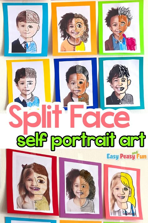 Split Face Self Portrait Art (Half Photo, Half Drawing) - Easy Peasy and Fun Self Portrait Half Face, Half Portrait Drawing, Preschool Self Portrait Ideas, Self Portrait Drawing Easy, Split Face Self Portrait, Split Face Portrait, Fun Self Portrait Ideas, Split Face Drawing, Half Drawing