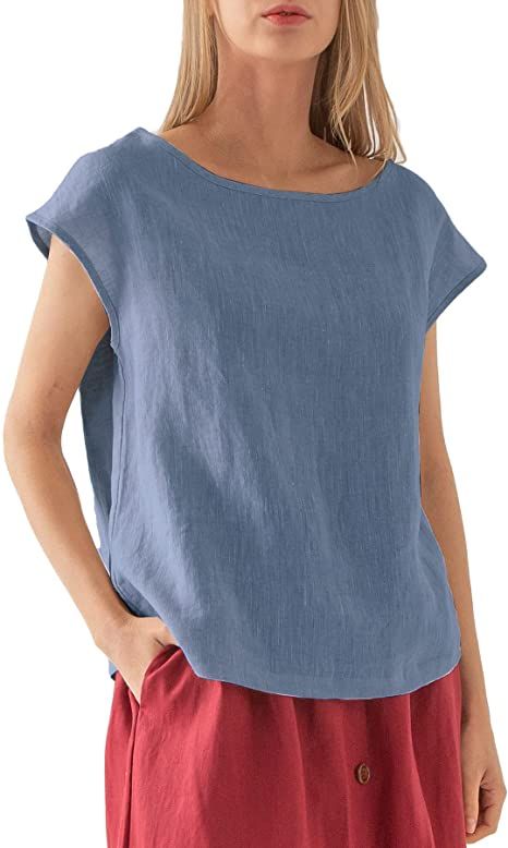 Amazhiyu Womens 100% Linen Casual Cap Sleeve Tops Basic Summer Loose Fit Blouse at Amazon Women’s Clothing store Outfit Essentials, Shirt Elegant, Loose Fit Blouse, Loose Fit Shirts, Linen Casual, Casual Cap, Womens Tops Summer, Loose Fitting Tops, Loose Shirts