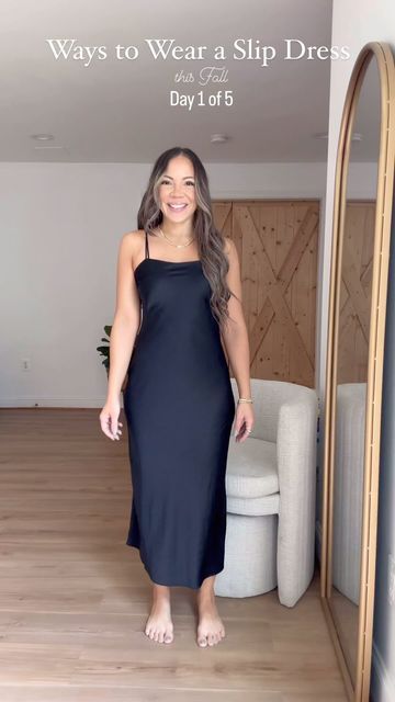 Iris Hess on Instagram: "How to style a silk dress for fall. There is endless possibilities styling a slip dress for fall! Hope you get inspired with my slip dress styling videos, where I will be showing how to take this versatile piece from day to night, casual to mom life. Comment “FALL” below and I will dm you the outfit link. #falloutfitideas #fallfashion2023 #falloutfitinspo #autumnfashionideas #autumnoutfits #loafershoes #slipdress #thanksgivingoutfitideas" Long Black Satin Dress Outfit Casual, Slip Dress With Boots Outfit, Sweater Over Silk Dress Outfit, Shoes With Slip Dress, Black Silk Dress Outfit Casual, How To Style A Black Slip Dress, Navy Slip Dress Outfit, Slip Dress Sweater Outfit, Black Satin Dress Outfit Casual