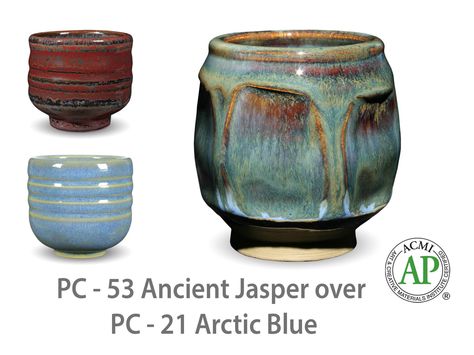 AMACO Potter's Choice layered glazes PC-21 Arctic Blue and PC-53 Ancient Jasper. Glaze Layering, Amaco Brent, Amaco Glazes, Ceramic Glaze Recipes, Arctic Blue, Ceramic Techniques, Hand Built Pottery, Glaze Ceramics, Pottery Glazes