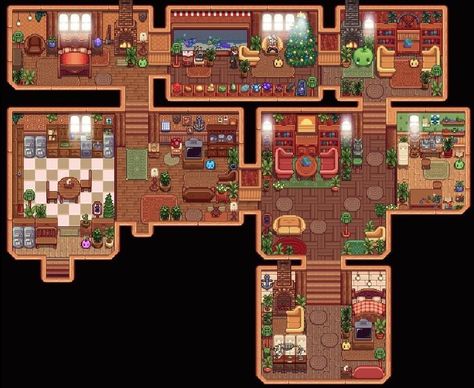 Stardew Home Layout, Stardew Valley Aesthetic House, Aesthetic Stardew Valley Farm Layout, Stardew Valley Flooring, Stardew Community Center List, Stardew Valley Fully Upgraded House, Sdv Room Ideas, Stardew Pet Area, Stardew Valley Farmhouse