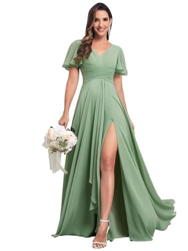 HTBVGO Long Chiffon Bridesmaid Dresses for Women V Neck Elegant Ruffle Formal Evening Gown with Sleeves Sleeves Bridesmaid Dresses, Short Sleeve Bridesmaid Dress, Ruffles Bridesmaid Dresses, New Party Dress, Azazie Bridesmaid Dresses, Formal Party Dress, Long Bridesmaid Dresses, Evening Gowns Formal, Chiffon Bridesmaid