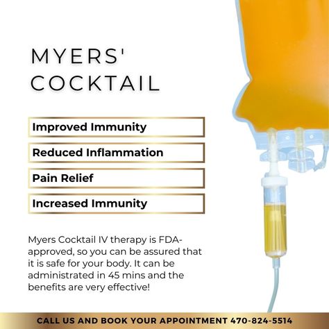 Boost your energy, immunity, and overall wellness with the powerful Myers Cocktail!  Packed with essential vitamins and nutrients, this IV therapy is designed to rejuvenate your body from the inside out.  Whether you're looking to recover faster, feel more energized, or simply support your immune system the Myers Cocktail is your go-to solution.  Schedule your appointment today at 470-824-5514 or www.hydrohealthandwellness.com to feel the difference!

#hydrohealthandwellness #IVTherapy Meyers Cocktail Iv Therapy Benefits, Myers Cocktail, Therapy Benefits, Iv Therapy, Boost Your Energy, Essential Vitamins, Reduce Inflammation, Immune System, Pain Relief