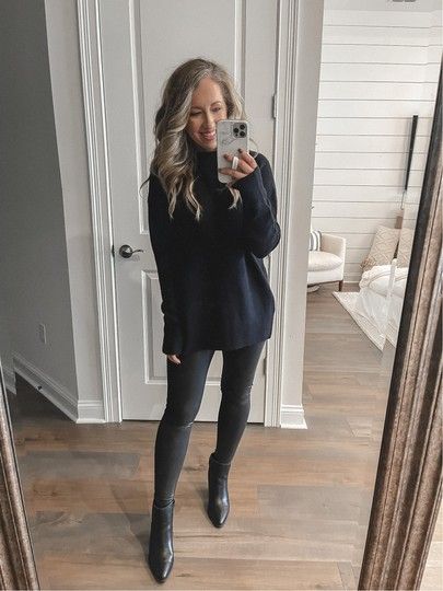 Black Sweater Leather Leggings Outfit, Black Sweater With Black Leggings, All Black Leggings Outfit Winter, Black Leggings With Black Boots, Black Tunic Sweater Outfit, Leather Leggings Outfit Christmas, Faux Leggings Outfit Night, Jumper And Leggings Outfits, Black Leather Booties Outfit