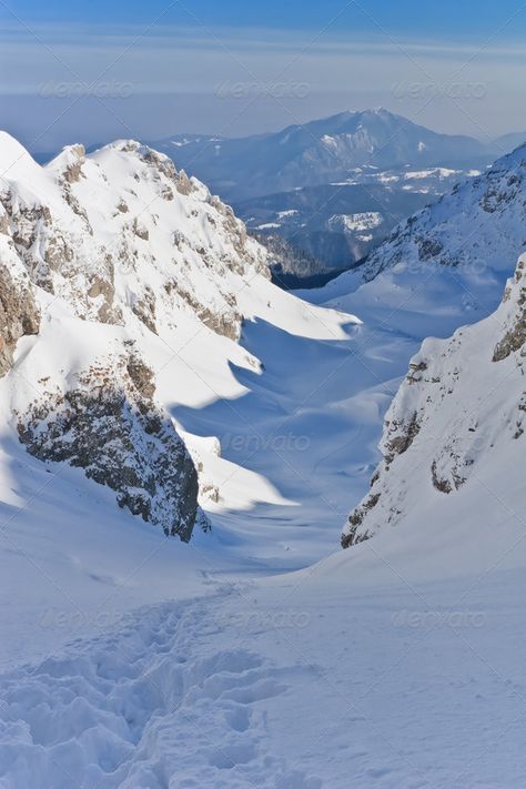 winter mountain valley by porojnicu. a path on a mountain valley in winter #AD #mountain, #winter, #valley, #path Snowy Valley, Mountain Winter, Mountain Valley, Winter Mountain, Natural Landmarks, Writing, Travel, Nature