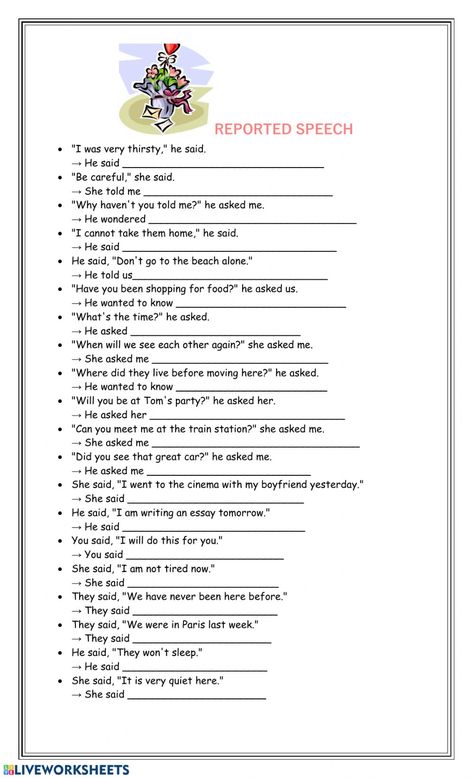 Reported Speech: English as a Second Language (ESL) ejercicio online por basiajar Direct And Indirect Speech Worksheets, Indirect Speech Worksheets, Speech Worksheets, Direct And Indirect Speech, Indirect Speech, Direct Speech, English Grammar Exercises, Reported Speech, English Teaching Materials