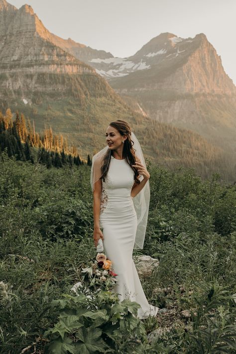 Glacier Elopement Photos, Bridal Photoshoot Mountains, Wedding Dresses To Elope In, Montana Wedding Elopement, Elopement Dress Mountain, Wedding Dress Mountain Brides, Adventure Elopement Dress, Wedding Dresses Elopement, Mountain Bridal Portraits