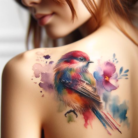 Colorful Tattoos For Women Watercolors, Watercolour Tattoo Designs, Nature Watercolor Tattoo, Silouette Tattoo, Artful Tattoos, Bright Colorful Tattoos, Boo Tattoo, Colorful Bird Tattoos, Bird Tattoo Design