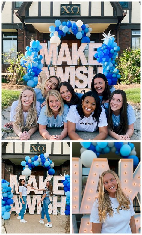 A collage of three images from a Chi Omega sorority philanthropy event fundraiser for Make-A-Wish. The images show various Chi Omega sorority women posing in front of a 6ft tall marquee letter light display that spells 'MAKE A WISH'. Surrounding the lights are three balloon garlands. Chi Omega Make A Wish Decorations, Make A Wish Chi Omega, Chi Omega Make A Wish, Sorority Recruitment Decorations, Recruitment Decorations, Philanthropy Events, Recruitment Themes, Recruitment Ideas, Sorority Events