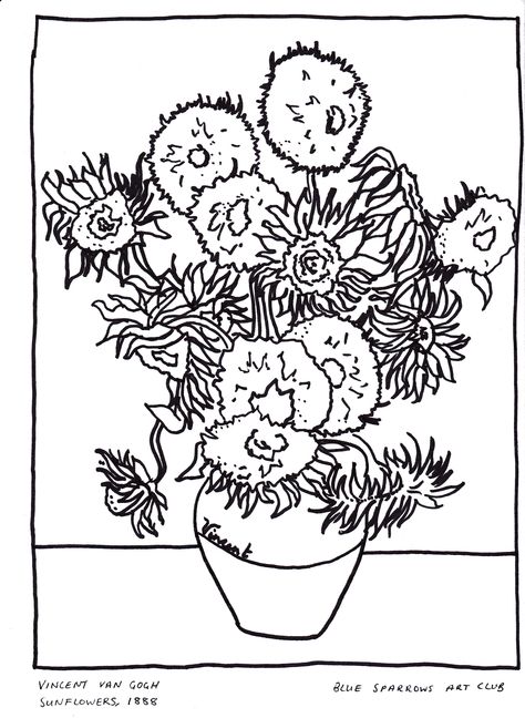 Vincent Van Gogh Sunflowers, 1888. Free Artist Colouring Page Famous Art Coloring, Van Gogh Coloring, Sunflower Printable, Sunflower Coloring Pages, Vincent Willem Van Gogh, Sparrow Art, Sunflower Colors, Van Gogh Sunflowers, Starry Night Van Gogh