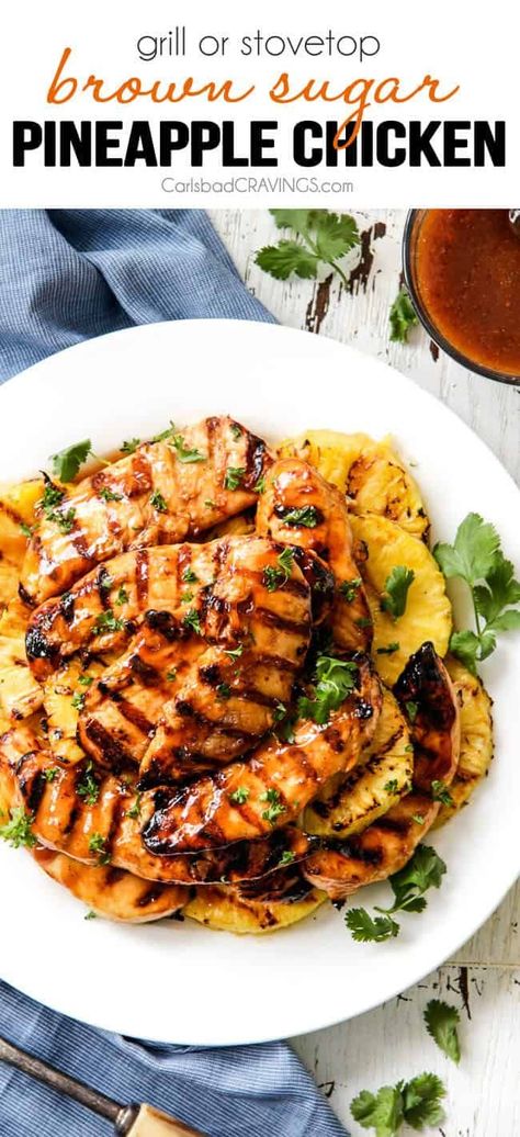 Brown Sugar Pineapple Chicken, Brown Sugar Pineapple, Grilled Pineapple Chicken, Grill Dessert, Pineapple Chicken Recipes, Carlsbad Cravings, Pineapple Recipes, Pineapple Chicken, George Foreman