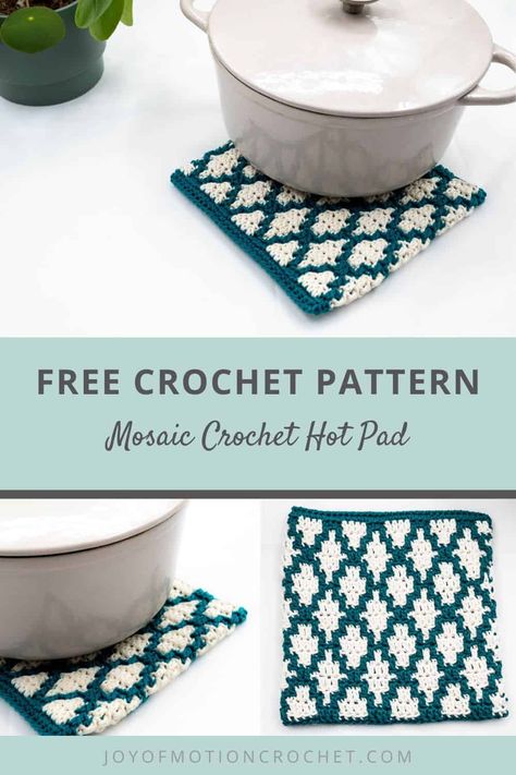 Free Mosaic Crochet Hot Pad Pattern - Detailed Easy Pattern Mosaic Crochet Coaster Patterns Free, Mosaic Crochet Potholder Patterns Free, Mosaic Crochet Potholder, Mosaic Crochet Coaster, Mosaic Crochet Placemats, Leftover Yarn Crochet, Mosaic Crochet Patterns Free, Mosaic Crochet Patterns, Hot Pad Pattern