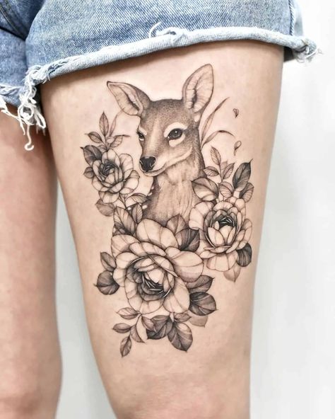 Deer Flower Tattoo, Deer Flowers, Deer Tattoo, Human Canvas, Flowers Tattoo, Flower Tattoos, Tattoos For Women, Flower Tattoo, Animal Art