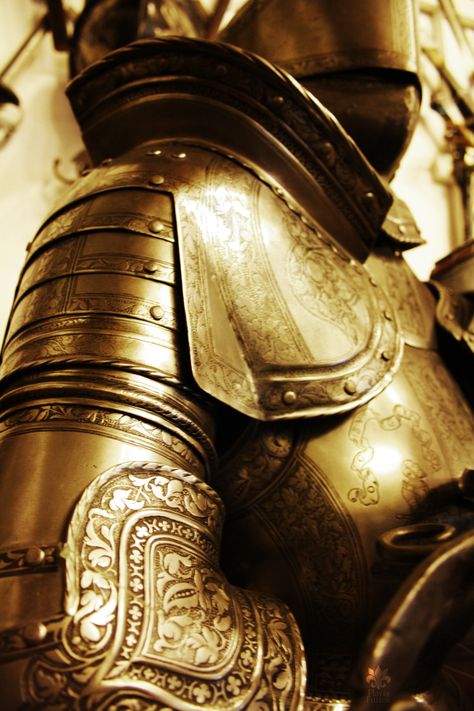 ♔ Gold Armour Aesthetic, Gold Warrior Aesthetic, Knight In Shining Armor Aesthetic, Gold Knight Aesthetic, Golden Knight Fantasy Art, Peles Castle Romania, Gold Armour, Gold Knight, Castle Romania