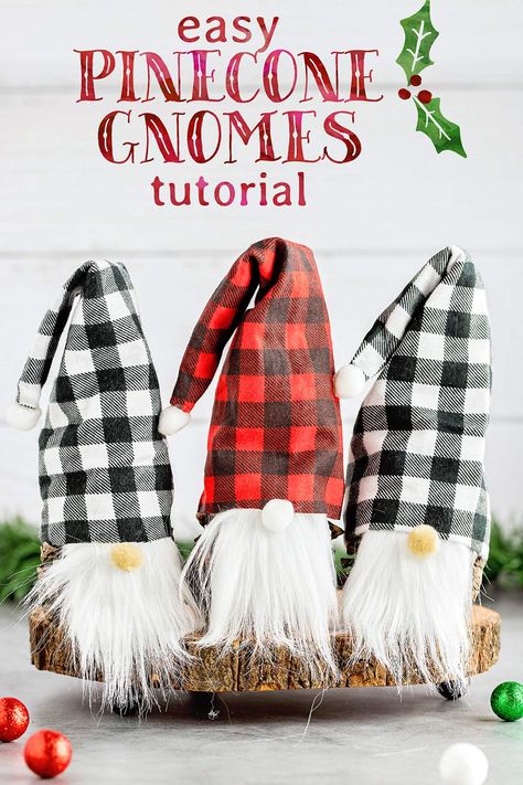 Fabric Christmas Tree Ornaments, Pinecone Gnomes, Gnomes Tutorial, Gnomes For Christmas, November Events, Gnome Tutorial, Diy Pinecone, Holiday Sewing, Fabric Christmas Trees