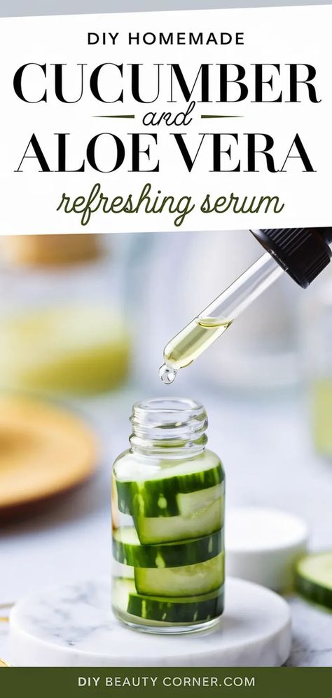 DIY Cucumber & Aloe Refreshing Serum Recipe Homemade Oils For Skin, Homemade Serum For Oily Skin, Diy Face Serum For Glowing Skin, Diy Elixir, Homemade Serum, Refreshing Skincare, Facial Serum Diy, Aloe Vera Recipes, Cucumber Beauty