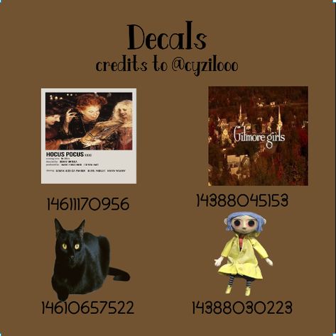 Fall/halloween decals 🍁 Roblox Bloxburg Halloween Decals, Cute Halloween Decals Bloxburg, Bloxburg Poster Codes Halloween, Halloween Picture Decals Bloxburg, Halloween Movie Decal Bloxburg, Coraline Bloxburg Decals, Halloween Pictures Bloxburg, Autumn Codes Bloxburg, Gilmore Girls Bloxburg Decals