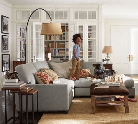 Turner Square Arm Upholstered 3-Piece Bumper Sectional With Nailheads Sectional Floor Lamp, Pottery Barn Lighting, Lamp Pottery, Pottery Barn Living Room, Barn Living, Living Room Furniture Layout, Floor Lamps Living Room, Metal Floor, Barn Lighting