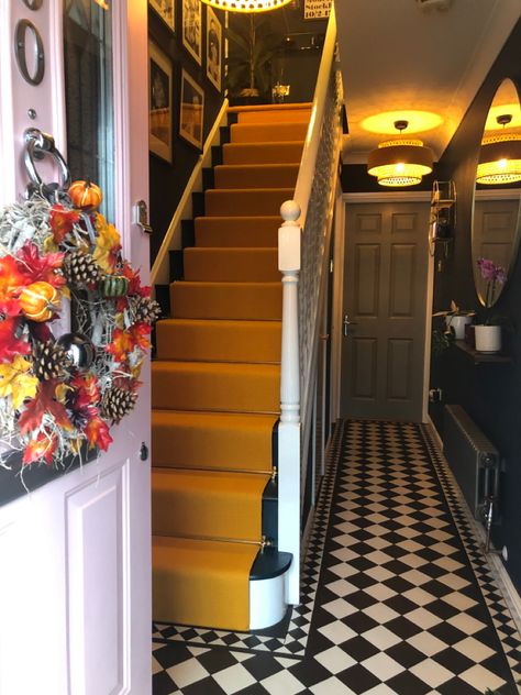 Yellow Victorian Hallway, Colourful Victorian Hallway, Victorian Hallway Ideas, Mid Century Hallway, Yellow Hallway, Entryway Stairs, Staircase Interior Design, Victorian Hallway, Victorian Renovation