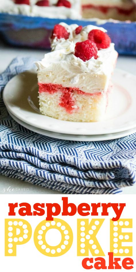 Raspberry Poke Cake recipe Easy Raspberry Cheesecake, Cheesecake Poke Cake, Raspberry Poke Cake, Raspberry White Chocolate Cookies, Whip Frosting, Cool Whip Frosting, Banana Pudding Poke Cake, Pudding Poke Cake, Poke Cake Recipe